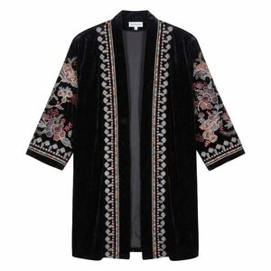 New Time for Me Black Velvet Embroidered Kimono Jacket Women 1X Bohemian Floral